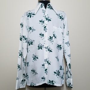 Vintage! 70's White Green Leaf Button Long Sleeve
